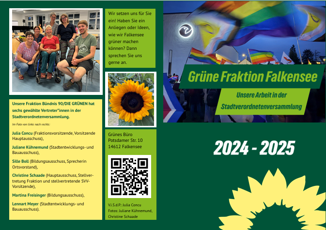 Die Bündnisgrüne Stadtfraktion Falkensee stellt sich vor, Mitglieder, ein Gruppenbild und ein Stimmungsbild von einer Demo für Vielfalt