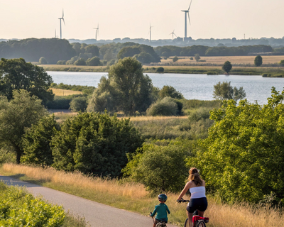 Frau mit Kind auf einem Radweg