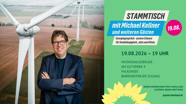 Einladung zum Stammtisch "Energiegespräch" mit Michael Kellner am 19. August 2026 um 19 Uhr im Musiksaalgebäude in Falkensee