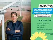 Einladung zum Stammtisch "Energiegespräch" mit Michael Kellner am 19. August 2026 um 19 Uhr im Musiksaalgebäude in Falkensee