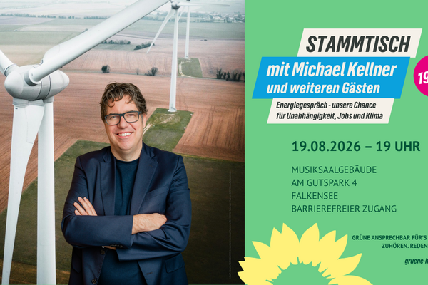 Einladung zum Stammtisch "Energiegespräch" mit Michael Kellner am 19. August 2026 um 19 Uhr im Musiksaalgebäude in Falkensee